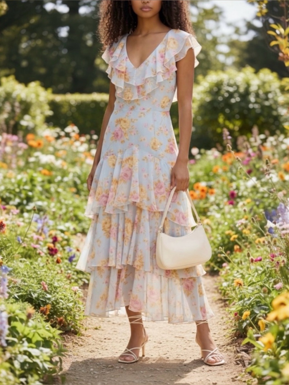 Wayf Dress - light blue floral tiered maxi dress | xs